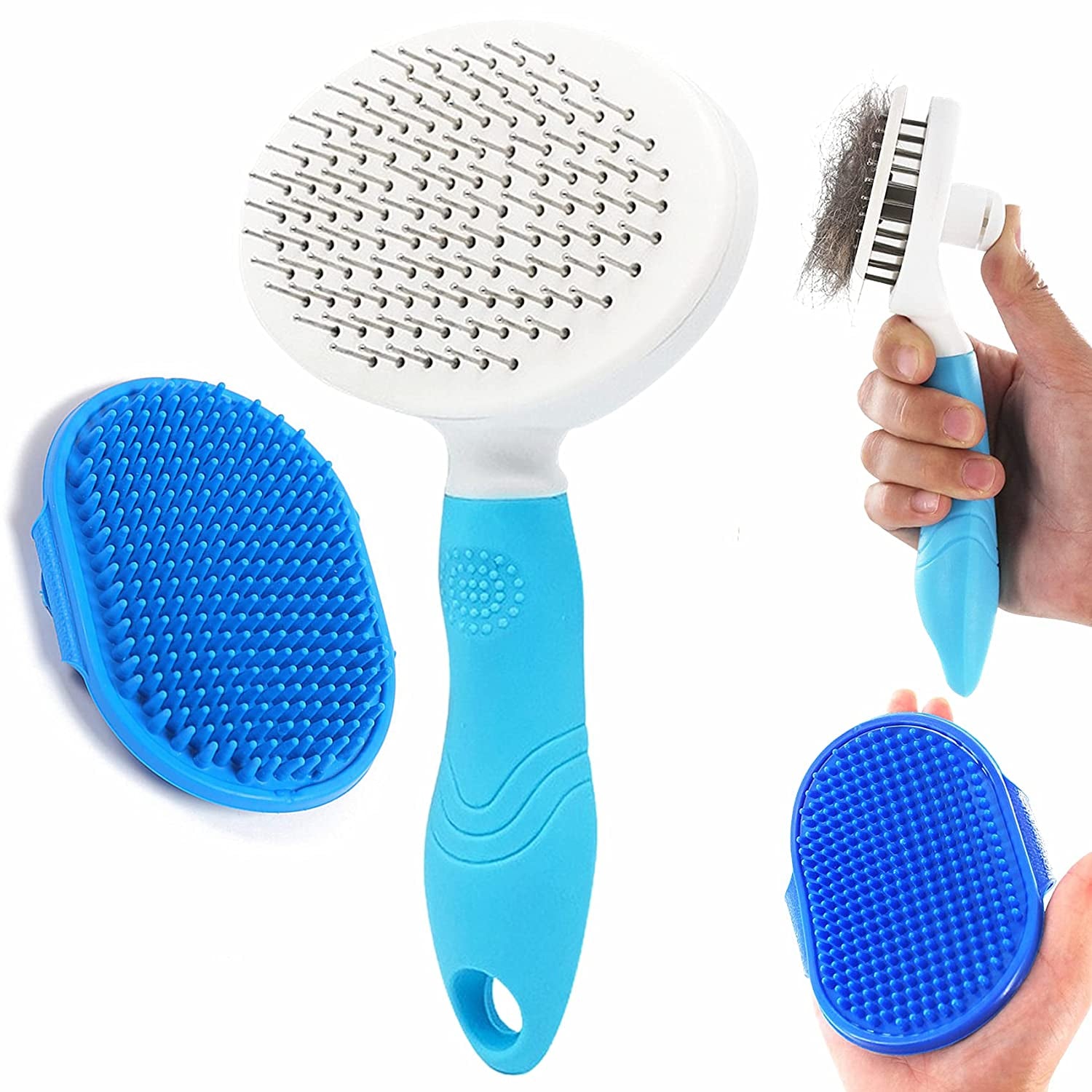 Self-Cleaning Slicker Brush and Bath Brush Set for Cats and Dogs - Grooming Tool for Shedding and Removing Loose Matted Fur